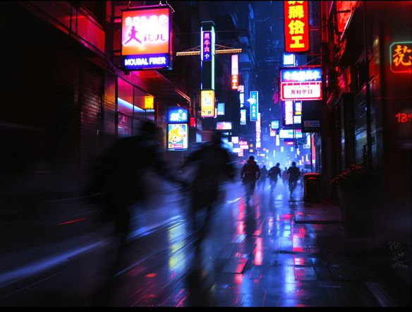 A cinematic storyboard panel showing a tense chase scene through a neon-lit city alleyway, detailed sketch, pre-production art, AI generated visualization.