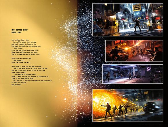 A dynamic split-screen showing a film script on one side and a series of diverse, visually rich storyboard panels on the other, with subtle AI-generated visual effects flowing between them.