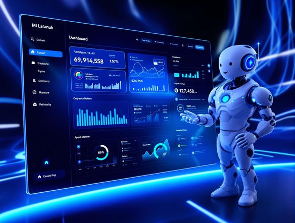 A detailed 3D wireframe model of a web application dashboard, showcasing user data and interactive charts. Include a customizable, friendly AI 3D character model providing assistance and guidance to the user.
