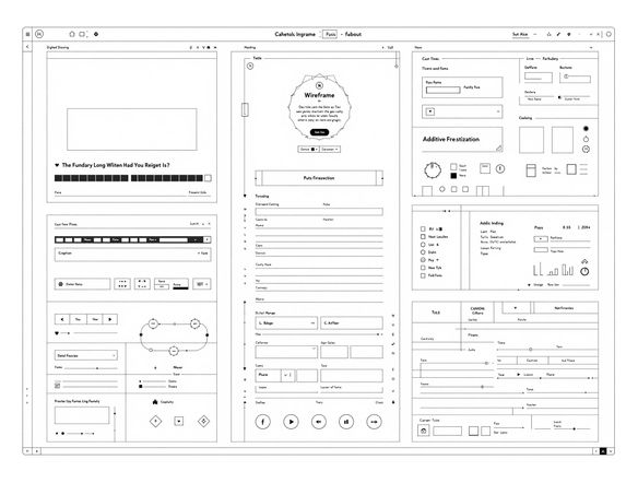 A clean, modern wireframe of a user interface, showcasing various elements and layouts, rendered in a minimalist style.