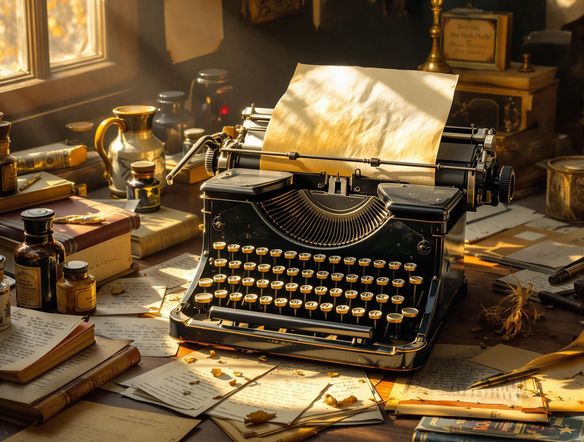 A vintage typewriter with a half-written letter, bathed in warm light, surrounded by scattered paper and ink bottles.