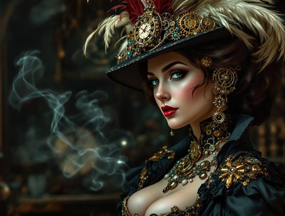 Close-up portrait of a Victorian lady with elaborate clockwork jewelry and a feathered hat, subtle wisps of steam, gears and cogs subtly integrated into the background, detailed, rich textures.