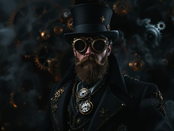 A Victorian gentleman with intricate brass goggles and clockwork embellishments on his coat, rendered in a dramatic chiaroscuro lighting style, against a backdrop of gears and steam.