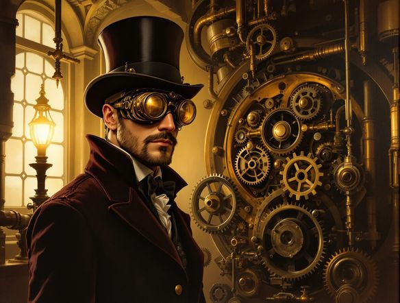 A distinguished steampunk gentleman with intricate brass goggles and a top hat, detailed gears and clockwork in the background, vintage futuristic art style, oil painting.