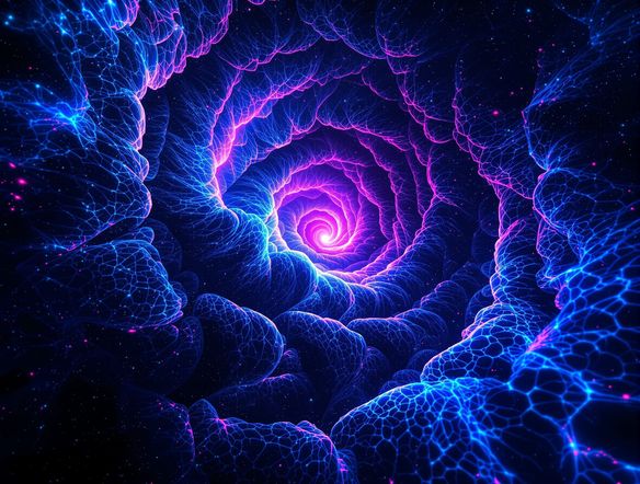 An intricate, infinitely complex fractal pattern in vibrant neon blues and purples, swirling and expanding outwards, reminiscent of the Mandelbrot set, glowing against a dark cosmic background.