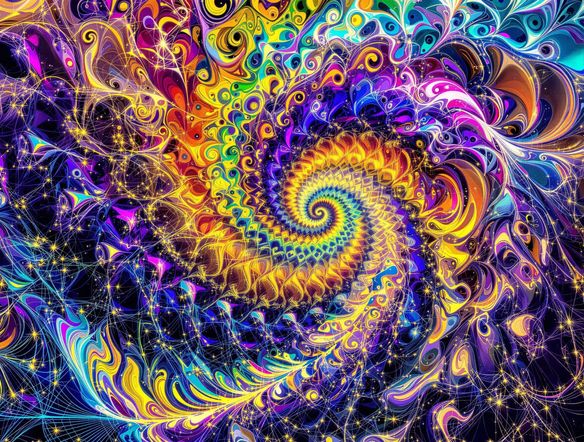 A vibrant, intricate fractal design showcasing the Mandelbrot set with swirling colors and infinite detail, digital art, generative art fractals, high resolution.