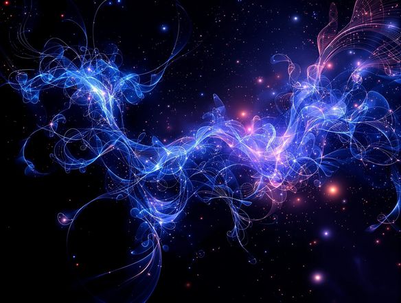 An ethereal fractal flame illustration with glowing lines and abstract, organic shapes, resembling cosmic nebulae, digital fractal patterns, dark background, vibrant blues and purples.