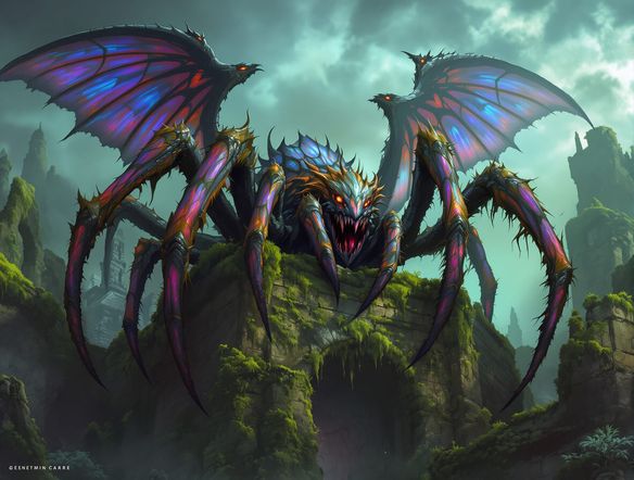 A colossal, mythical spider with iridescent wings and glowing eyes, perched atop a moss-covered ancient ruin, fantasy art style.