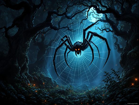 A terrifying, shadowy spider emerging from a dense, glowing spider web art in a dark, enchanted forest, horror fantasy blend.