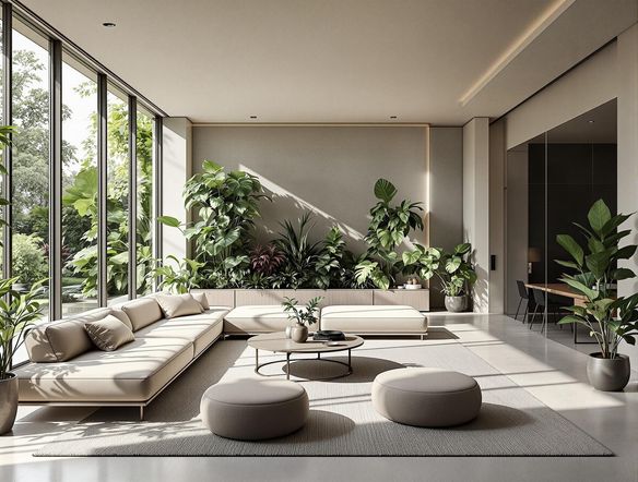 Architectural rendering of a modern open-concept living space, bathed in natural light, showcasing minimalist furniture and a vibrant indoor garden, captured in a high-resolution, photorealistic style.