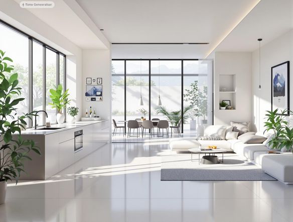 A modern, minimalist floor plan rendering with bright, open spaces, showcasing a kitchen, living room, and bedroom. Include a subtle advertisement generator icon in the corner, symbolizing promotional potential.