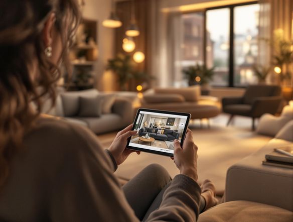 A photorealistic rendering of a cozy apartment interior, complete with stylish furniture and decor. Displayed on a tablet within the scene is a mock advertisement for the apartment, highlighting its key features using the free ad generator.