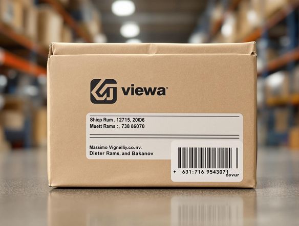 A clean, minimalist shipping label design featuring a prominent logo, clear address information, and a scannable barcode. The background is a blurred image of a busy warehouse.