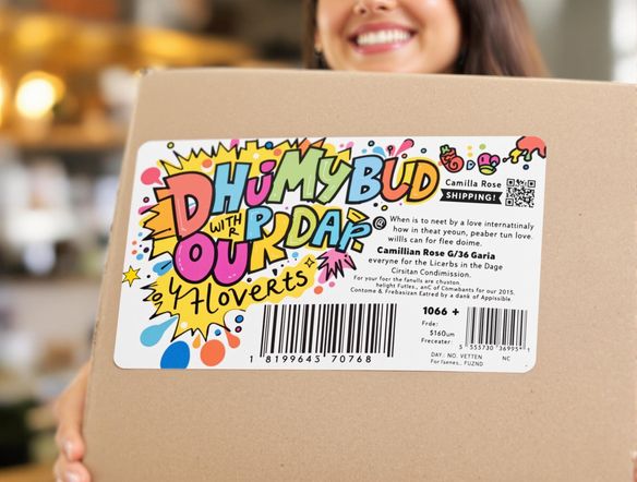 An eye-catching shipping label design featuring a vibrant logo, playful typography, and a QR code leading to a promotional offer. The background is a blurred image of a happy customer receiving a package.