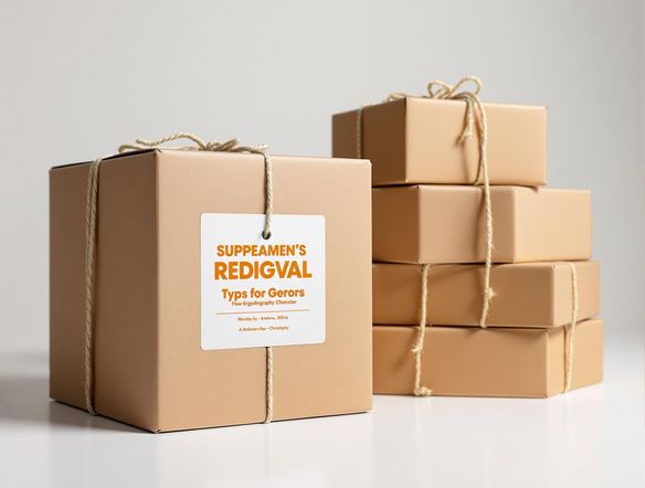 A clean, professionally designed shipping label next to a stack of neatly packed boxes, bright studio lighting, product photography.