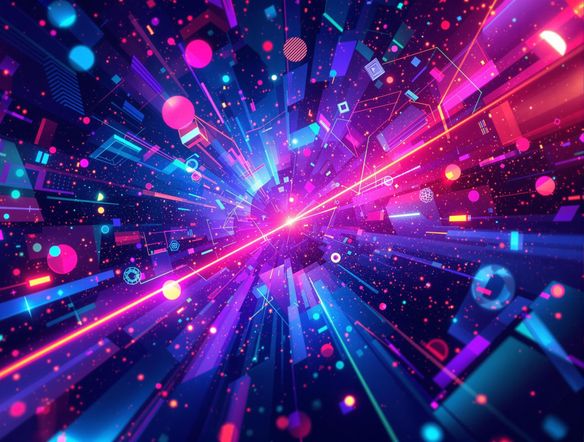 Abstract background with glowing particles and geometric shapes, vibrant colors, futuristic design.