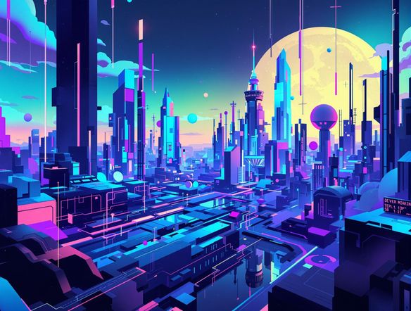 A vibrant, abstract background image suitable for a tech startup's presentation, incorporating geometric shapes and a cool color palette. Resembles a digital landscape with futuristic elements. Use a resolution of 4k.