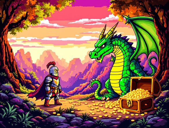 A vibrant 8-bit pixel art landscape with a knight character, a dragon, and a treasure chest, reminiscent of classic 1980s video games.