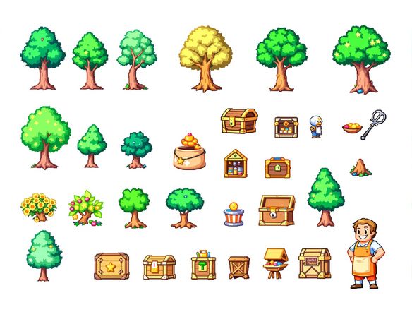 A collection of 8-bit pixel art assets for a fantasy RPG, including trees, chests, and a friendly shopkeeper, generated by a vintage sprite creation tool.