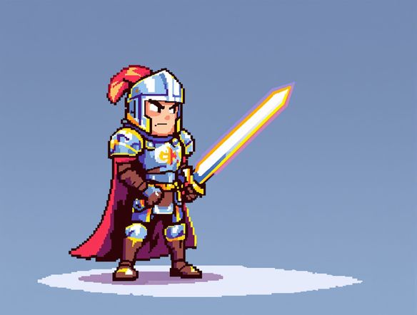 A vibrant 8-bit pixel art sprite of a heroic knight, standing ready for adventure, in the style of classic 1980s video game graphics.