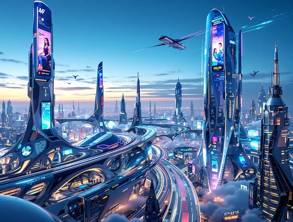 A wide-angle view of a futuristic metropolis, sleek architecture, advanced transportation systems, holographic advertisements, clear sky, sci-fi city generator, detailed, epic scale.