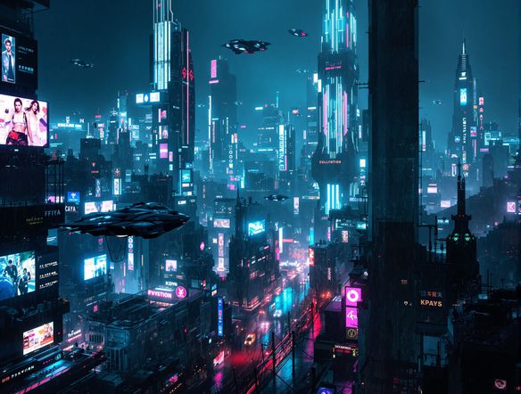 A sprawling cyberpunk cityscape at night, drenched in neon light, towering skyscrapers, flying vehicles, rain, highly detailed, cinematic lighting, dystopian atmosphere. Generate neon cityscape.