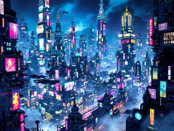 A sprawling, neon-drenched cyberpunk cityscape at night, with flying vehicles, holographic advertisements, and towering skyscrapers, rendered in a detailed, futuristic art style.