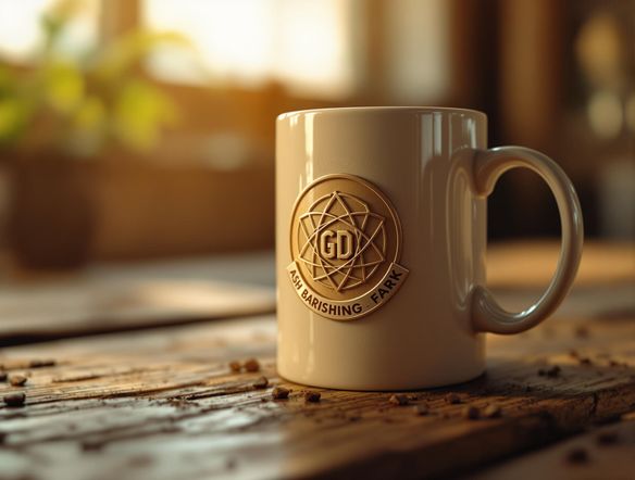 A photorealistic mockup of a coffee mug with a 3D logo subtly embossed on its surface. The mug should be placed on a wooden table with soft, natural lighting. The logo should appear to be spinning slowly, showcasing its depth and texture. High detail, realistic rendering.