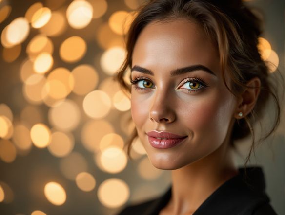A portrait of a woman with a gentle smile, her eyes sharp while the background melts into soft, glowing bokeh orbs. The AI depth of field generator is evident in the smooth transition. Professional photography, studio lighting.
