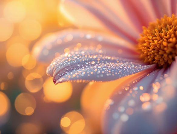 A close-up of a dew-covered flower petal, with the background dissolving into a sea of warm, golden bokeh. The creamy bokeh generator has created a soft, dreamlike effect. Macro photography, shallow depth of field.