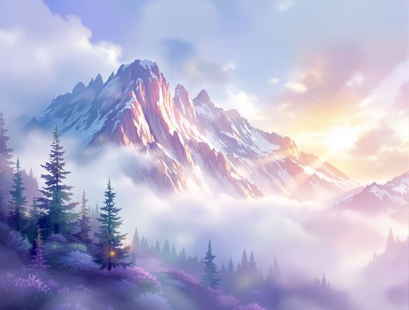 A breathtaking digital watercolor painting of a serene mountain landscape, soft brushstrokes, vibrant colors, ethereal light, fantasy art, high detail.