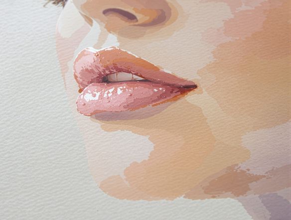 Close-up of a delicate watercolor portrait with a soft paint effect, visible paper texture, gentle color blending, subtle washes, elegant and refined.