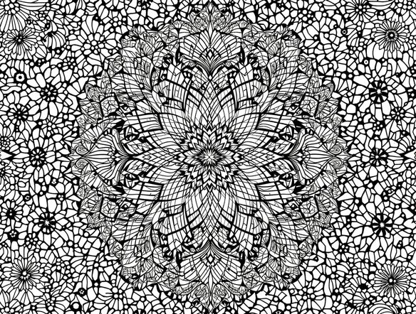 An AI-generated Zentangle pattern, highly detailed and intricate, showcasing a complex tangle generator's output. Black ink on a white background, symmetrical design, abstract floral elements, high resolution.