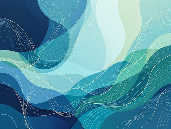 A serene Zentangle artwork, focusing on digital meditative art and stress relief coloring. Soft, flowing lines in blues and greens, with hints of gold, on a textured paper background. Minimalist and calming aesthetic.