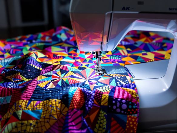A vibrant, intricate quilt pattern displaying a kaleidoscope of colors and geometric shapes, generated by AI, displayed on a modern sewing machine.