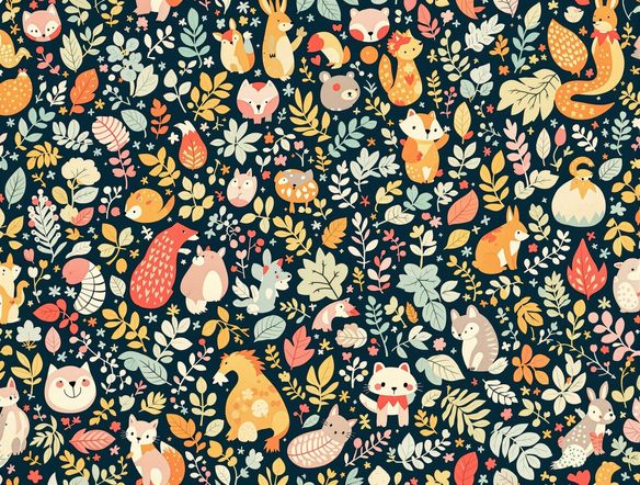 A seamless repeating pattern of whimsical woodland creatures and leaves, designed for quilting. The AI-generated pattern is intricate, colorful, and suitable for fabric printing. Showcasing seamless quilting patterns AI.