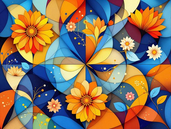 A vibrant, abstract quilt block design featuring geometric shapes and floral motifs, rendered in a modern digital art style. Showcasing the versatility of an online quilt block creator. High detail.
