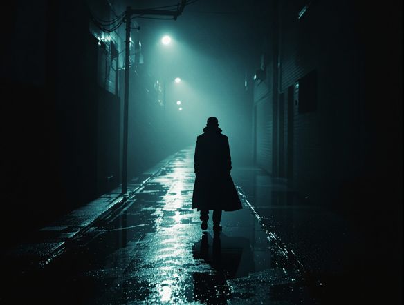 A dramatic film noir movie shot, low-key lighting, silhouetted figure in a dimly lit alley, rain streaks on pavement, cinematic, 35mm film.