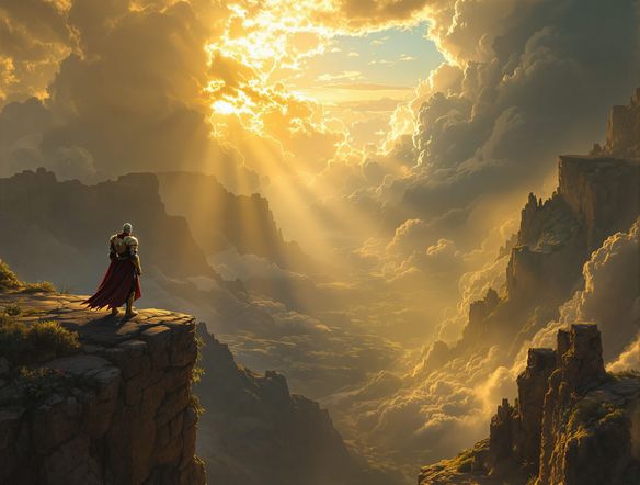 An epic fantasy landscape viewed from a dramatic high-angle shot, a lone warrior standing on a cliff edge, sunbeams breaking through clouds, cinematic framing tool, wide-angle lens.
