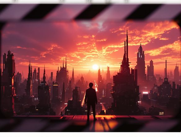 A director's viewfinder frame showing a dramatic, wide-angle cinematic shot of a lone figure silhouetted against a vibrant sunset over a futuristic cityscape, with subtle film grain effect.