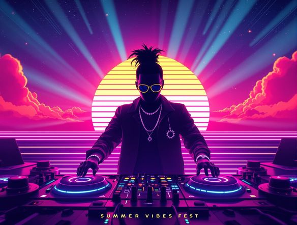 A dazzling music festival poster featuring a silhouette of a DJ against a neon sunset, promoting 'Summer Vibes Fest'.