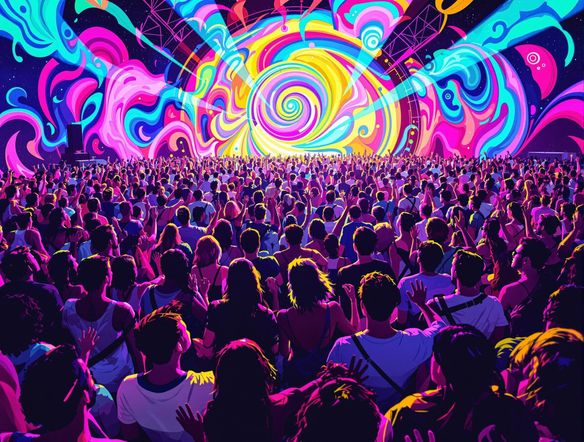 A high-energy music festival poster featuring a diverse crowd, colorful stage lighting, and bold typography. Incorporate elements of electronic music and psychedelic art. Use vibrant colors and a sense of movement.