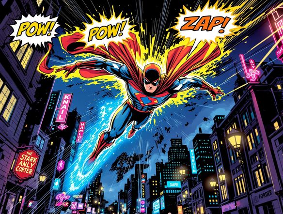 A dynamic comic book panel featuring a superhero mid-action, with bold lines, vibrant colors, and speech bubbles. Digital cartoon style, exciting, action-packed.