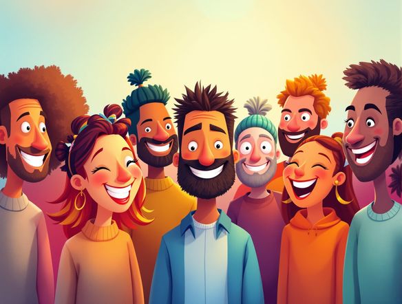 A group of diverse, friendly cartoon characters with exaggerated features and bright colors, standing together happily. AI art style, whimsical, playful.