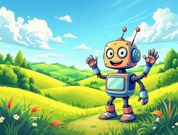 A vibrant, whimsical cartoon landscape with a friendly robot character waving, rendered in a cheerful, stylized cartoon art style.