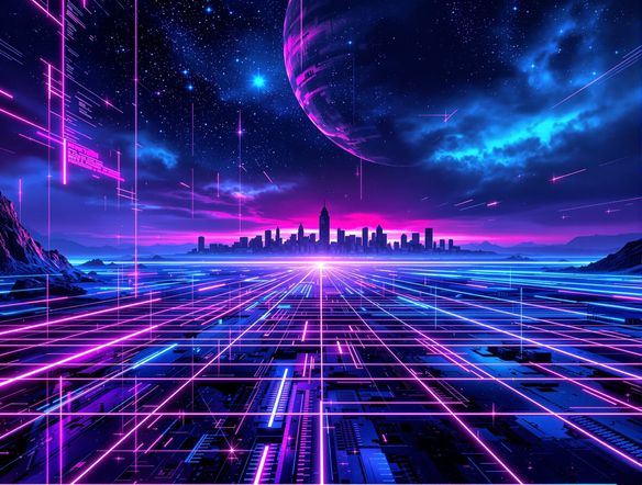 Abstract synthcore album art, pulsating neon grids, chrome textures, glitch effects, futuristic cityscape silhouette.