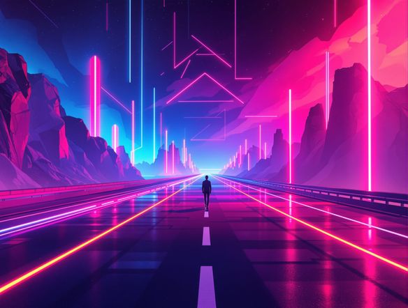 A lone figure standing on a retro-futuristic highway, neon lights reflecting, synthwave album art style, vibrant pinks and blues, geometric shapes, 80s sci-fi influence, digital painting.