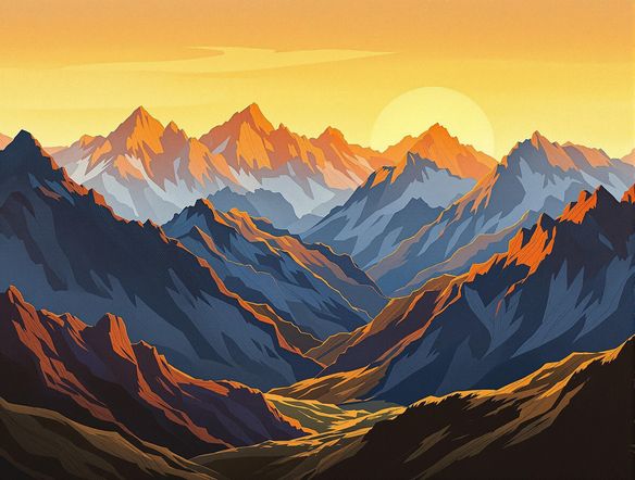 Create a single line drawing of a majestic mountain range at sunset, minimalist style, continuous line, warm colors.