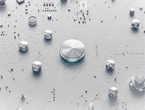 Generate a single line drawing of a complex circuit board, minimalist art, technical illustration, clean lines, futuristic design.