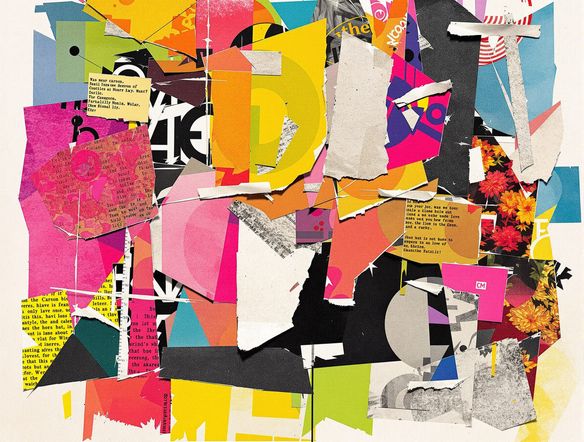 A vibrant, abstract digital collage featuring layered textures, torn paper elements, and photographic fragments, created using an online mixed media generator, vivid color palette.